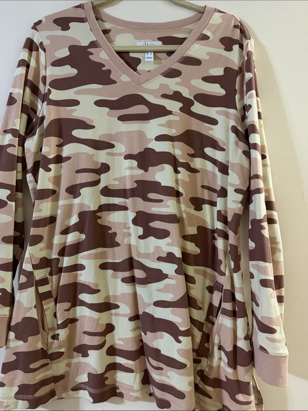 Denim&Co Pink Brown Camo V-Neck Tunic
